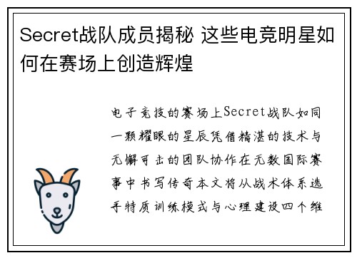 Secret战队成员揭秘 这些电竞明星如何在赛场上创造辉煌